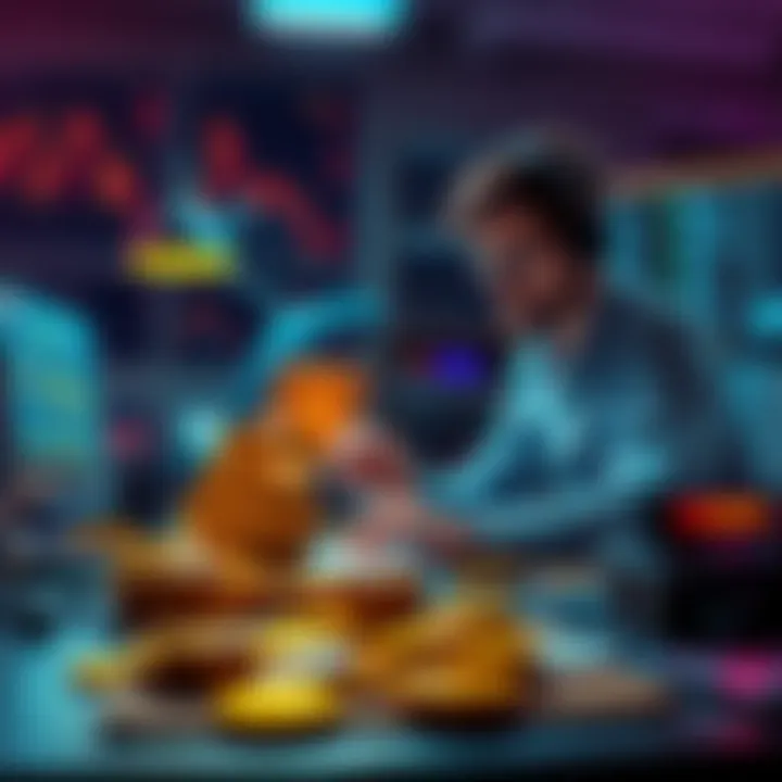 A trader at a desk with Beaver Bucks and KAS coins, planning a new project