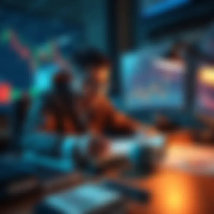 A trader writing in a journal at a desk with charts and graphs around them