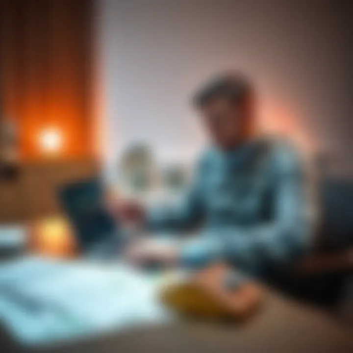A 46-year-old trader reviews financial charts on a laptop while overseeing property documents on a desk.