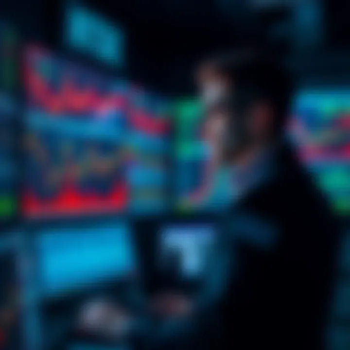 A trader looking at multiple screens filled with stock market data and graphs, contemplating a trading strategy