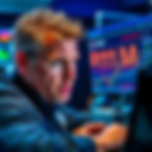 A frustrated trader looking at a screen showing a $5,000 loss, contrasted with another screen displaying an $11 million long position.