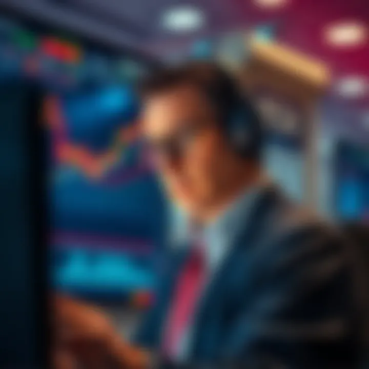 Trader Considering Market Exit A trader looks concerned at a stock chart showing a downward trend, contemplating exiting the market if prices drop significantly.