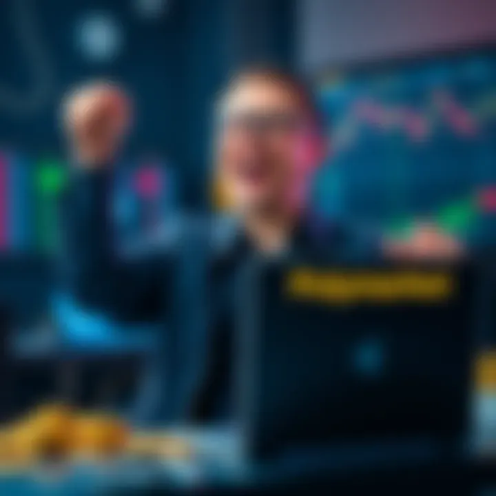 A happy trader celebrating with a laptop showing profits from betting on Elon Musk's tweets