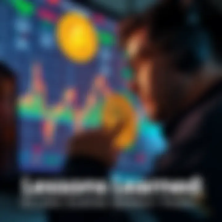 A trader looks thoughtful while gazing at a Bitcoin chart showing sharp price changes. The background displays market data and a sense of urgency.
