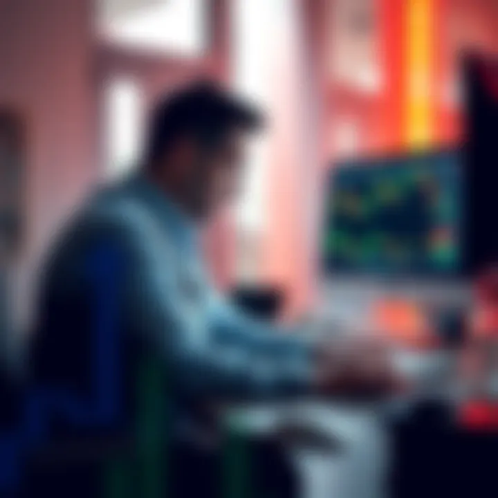 A trader sitting at a desk, looking stressed and disappointed while reviewing financial charts on a computer screen, symbolizing the emotional toll of leverage trading losses.