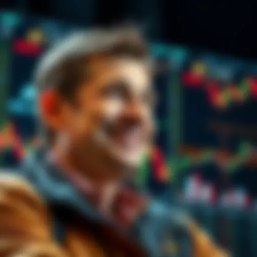 A trader looks satisfied after selling Bitcoin at a high price, with graphs showing market trends behind them.