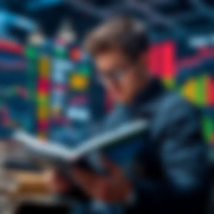A trader reading books on trading strategies and techniques while taking notes, showing determination to improve skills.