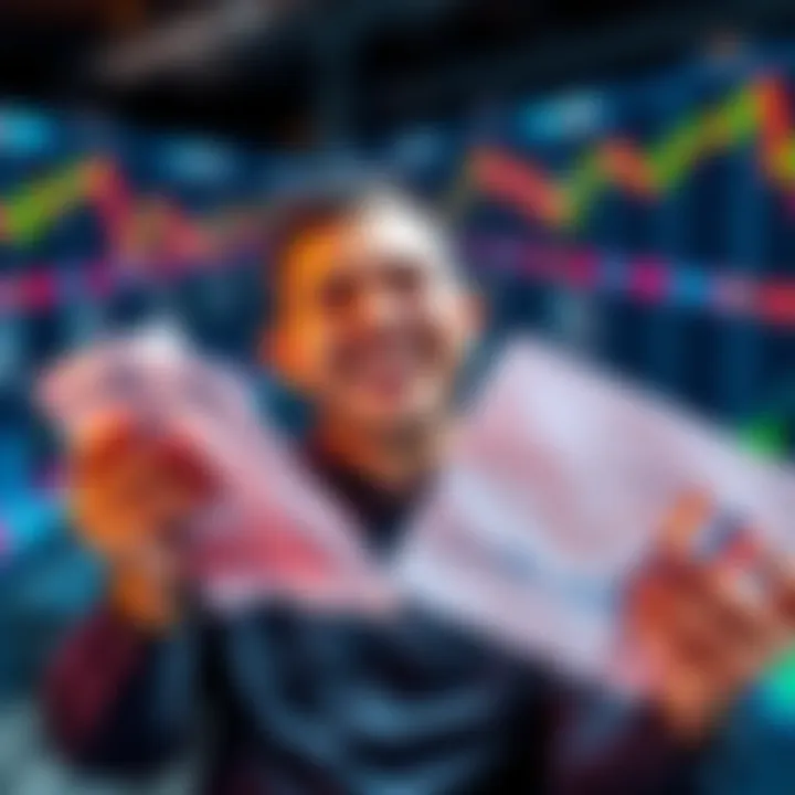 A trader smiling and holding financial reports with charts showing growth, symbolizing success and achievement in trading.