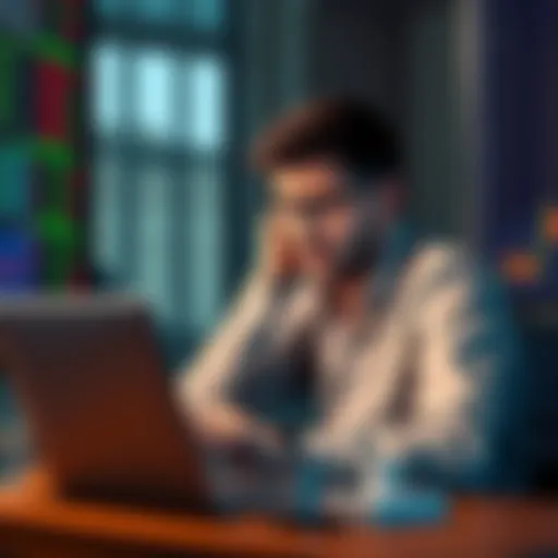 A concerned trader sitting at a desk with a laptop, showing a graph with declining values, symbolizing financial loss on centralized exchanges.