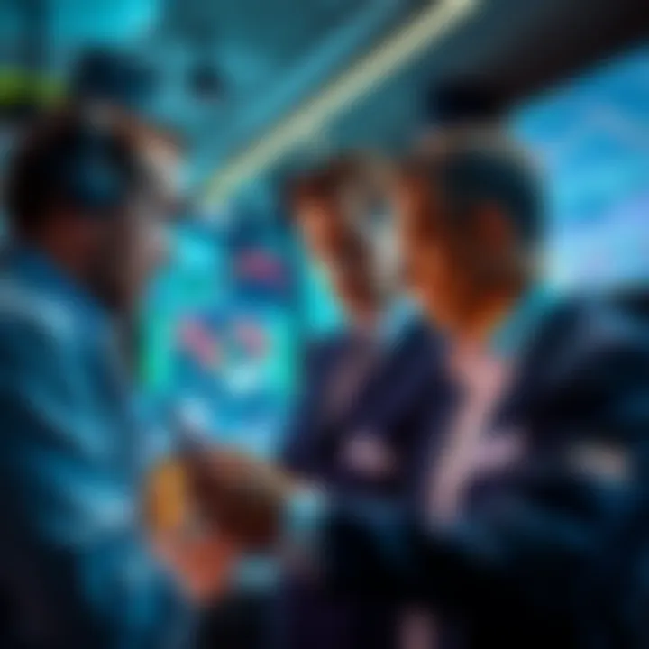 A group of traders looking at graphs and charts on screens, discussing strategies during a slow market, showcasing various emotional reactions.