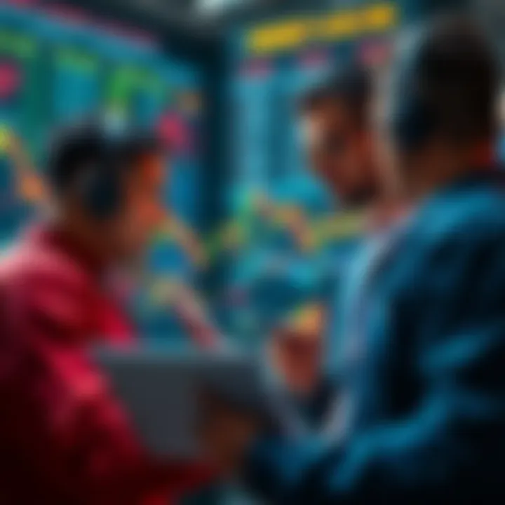 Group of experienced traders looking at cryptocurrency charts and discussing strategies during a market crash