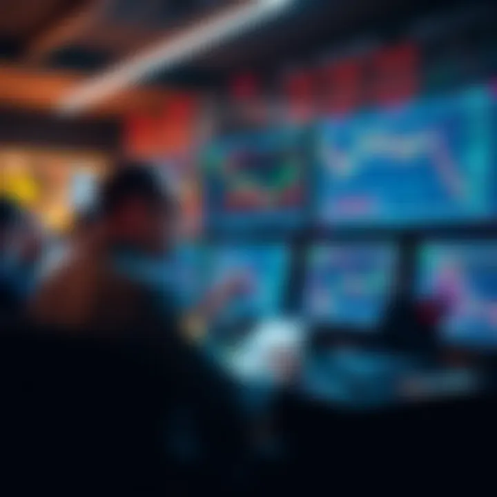 A group of traders discussing and analyzing stock market charts on multiple screens, focusing on paid trading strategies.