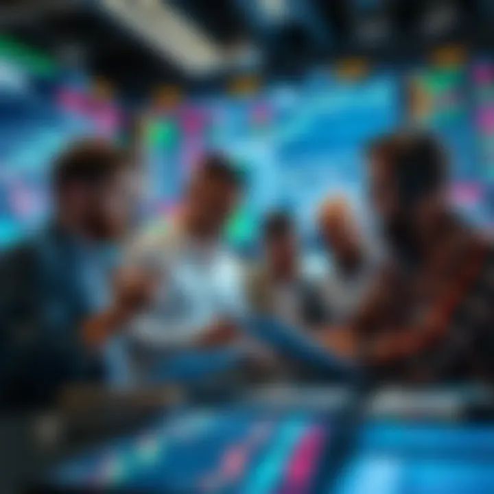 A group of traders representing newbies and veterans discussing market trends over charts and graphs