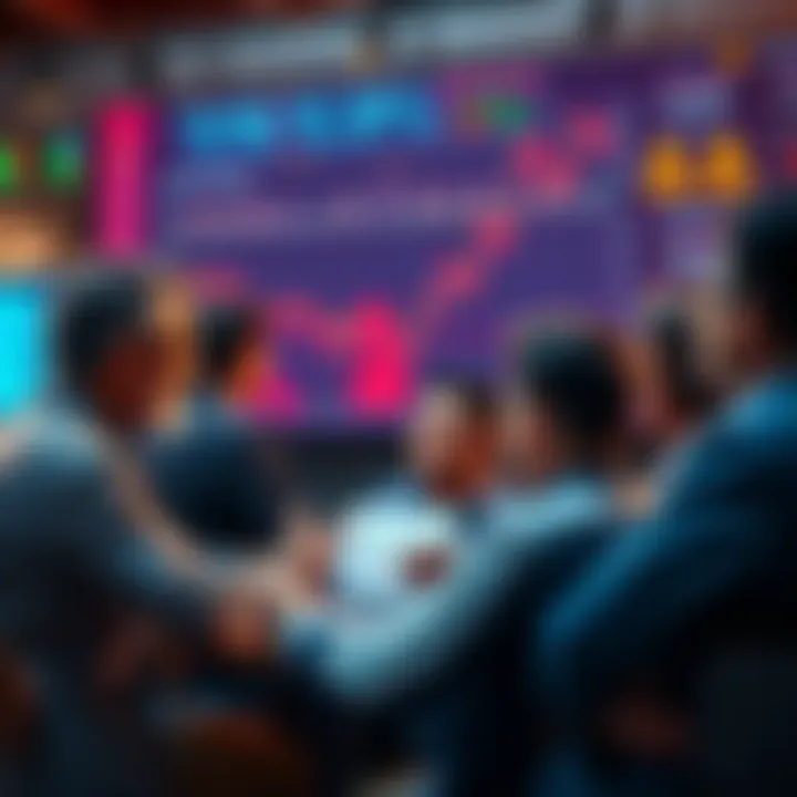 Discussion on Trading Strategies People engaging in a lively discussion about trading strategies and current events, surrounded by charts and graphs.