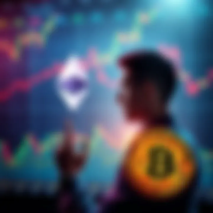 A person contemplating the trade between Ethereum and Bitcoin with charts and graphs in the background