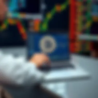 A person using a laptop to trade Bitcoin anonymously without KYC verification on a user board.