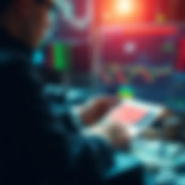 Person analyzing trading charts with money and investment options nearby