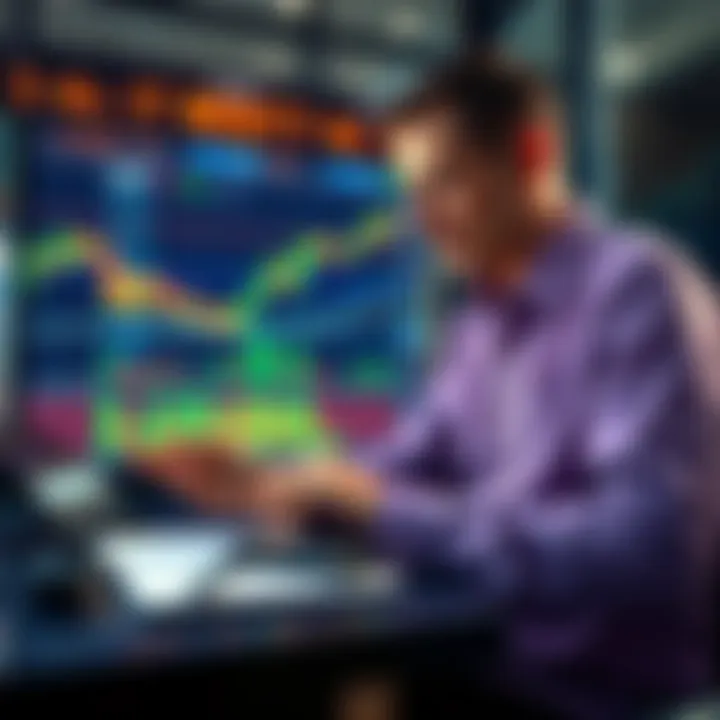 A trader analyzing a chart with buy and sell signals while contemplating a decision to stop or restart trading. A calculator and notepad are nearby to calculate risks and gains.