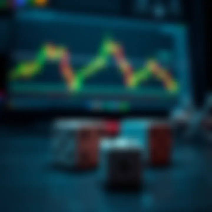 A trading chart displayed on a screen beside two dice, symbolizing the role of luck in trading.