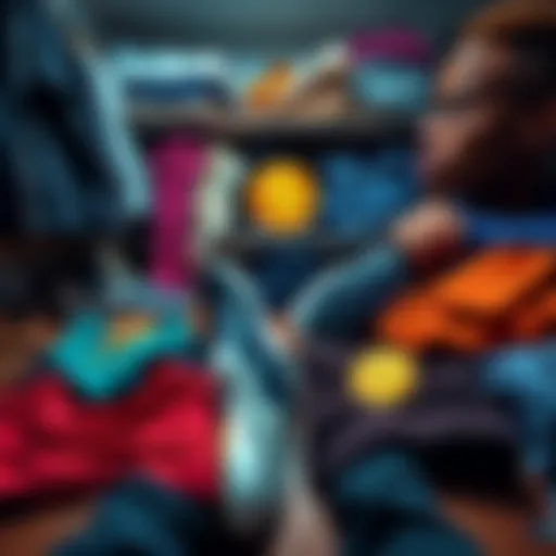 A person showcasing clothes and shoes laid out for trade to fund Bitcoin purchases