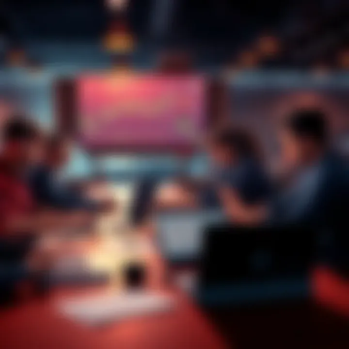 Group of people sharing trading ideas at a table with laptops and charts