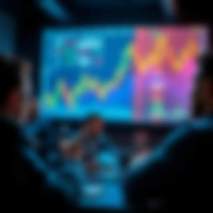 People discussing trading strategies with charts and data on a screen