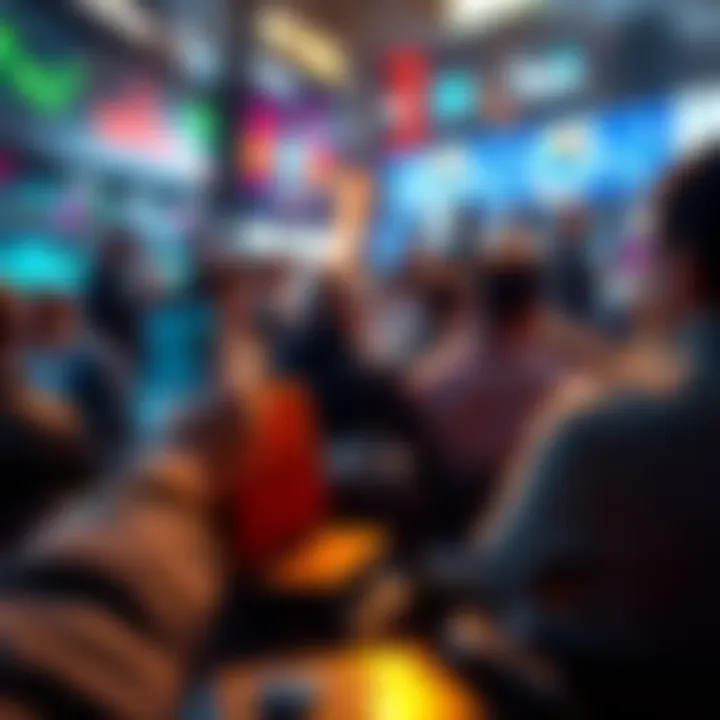 A busy digital transaction scene showing fluctuating fees during a launch event, with a focus on wallets and graphs indicating changes.