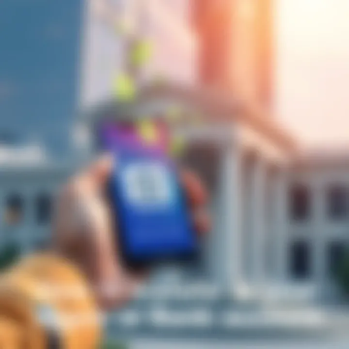 A person holding a smartphone displaying a bank app, with money flowing from the app to a traditional bank building.