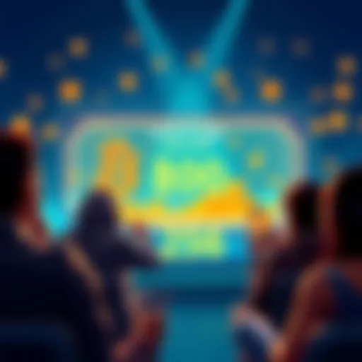 Illustration of a digital lottery ticket with a transparent background showing a growing prize pool. Participants are excitedly watching the draw process on their screens.