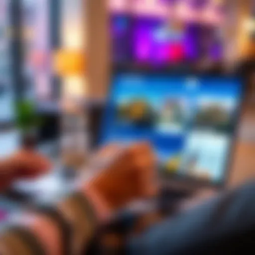 A person looking at travel accommodation options on a laptop while holding a coffee cup, showing potential savings with RevPoints