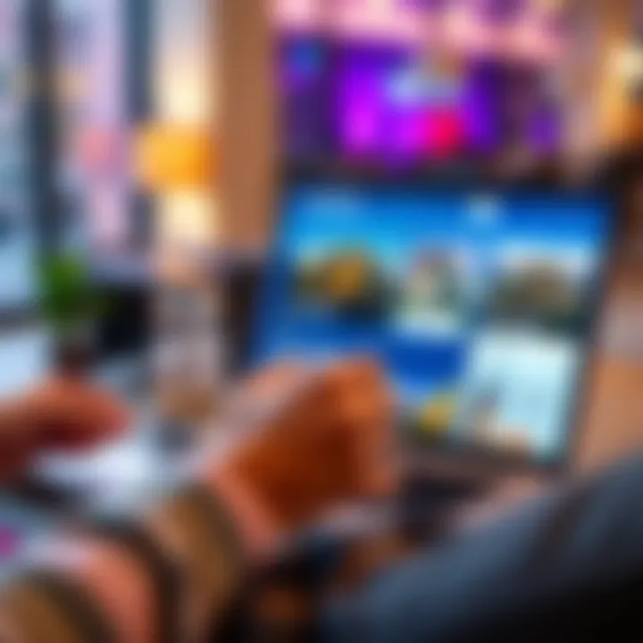 A person looking at travel accommodation options on a laptop while holding a coffee cup, showing potential savings with RevPoints