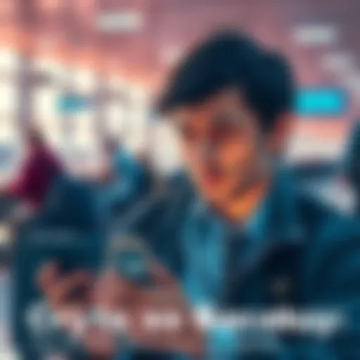 Person looking upset at the airport after being denied a bank upgrade, with a smartphone showing a crypto app in hand