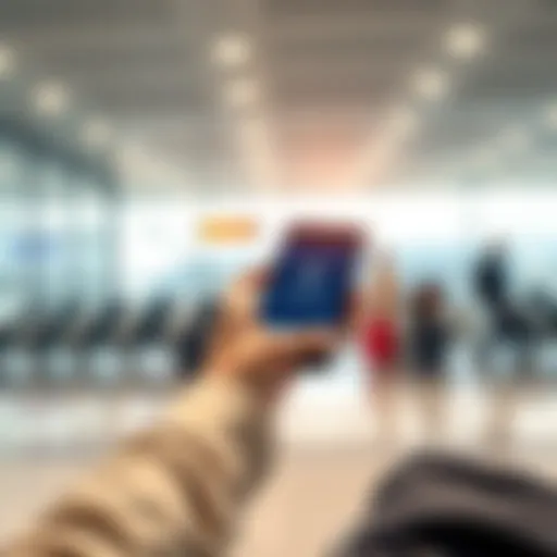 A traveler at an airport holding a smartphone, successfully booking an Uber ride with ETH after facing card issues, a backdrop of the airport in the background