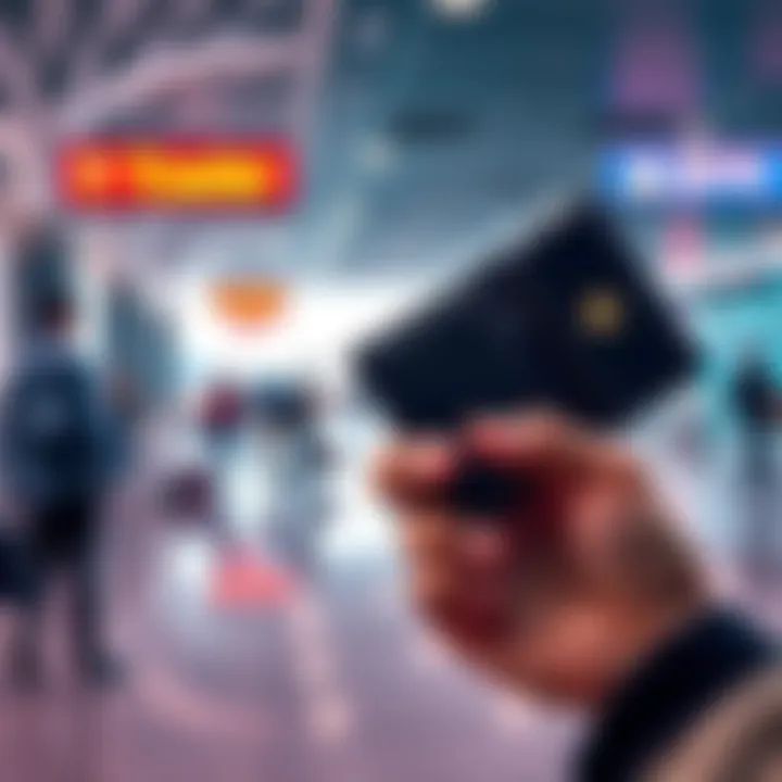 A person at an airport holding a hardware wallet for cryptocurrency safety