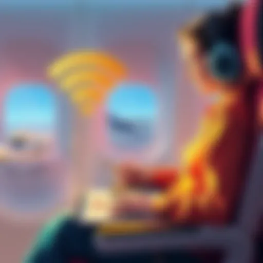 A person on an airplane connecting to in-flight wifi with a laptop, exploring badge-earning opportunities