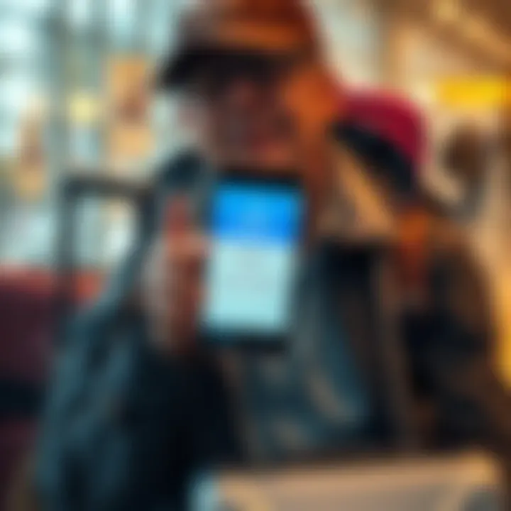 A frustrated traveler holding a phone with a Revolut app open, showing an account closure message, with luggage in the background