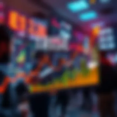 A graph showing upward trends in various sectors with people analyzing data in the background.