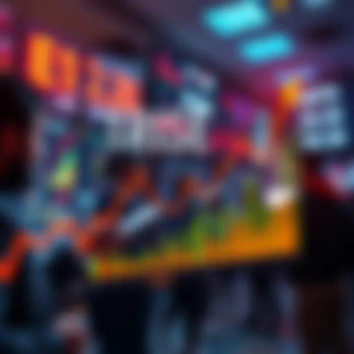 A graph showing upward trends in various sectors with people analyzing data in the background.