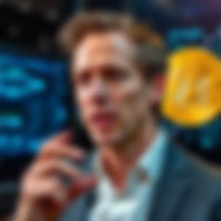 A close-up of Trezor's CTO Tomáš Sušánka speaking about Bitcoin and quantum computing, with a digital graphic of a Bitcoin symbol and quantum elements in the background.