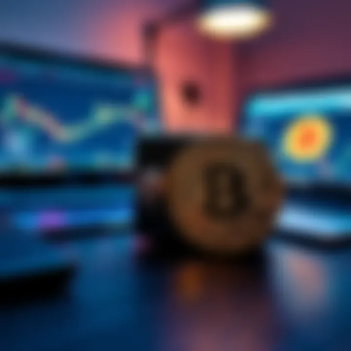 A Trezor safe next to a Bitcoin symbol on a desk, with a laptop showing a cryptocurrency exchange website in the background.