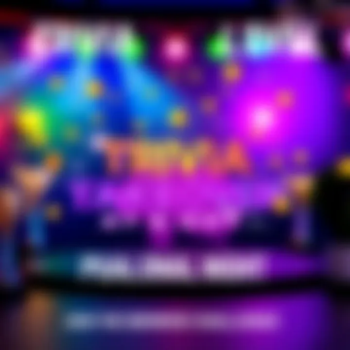 A colorful graphic promoting a trivia night event featuring riddles and acronyms, with festive elements like trophies and brain icons.