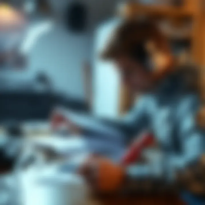 A person fixing a device, looking at a user manual with tools spread out on a table