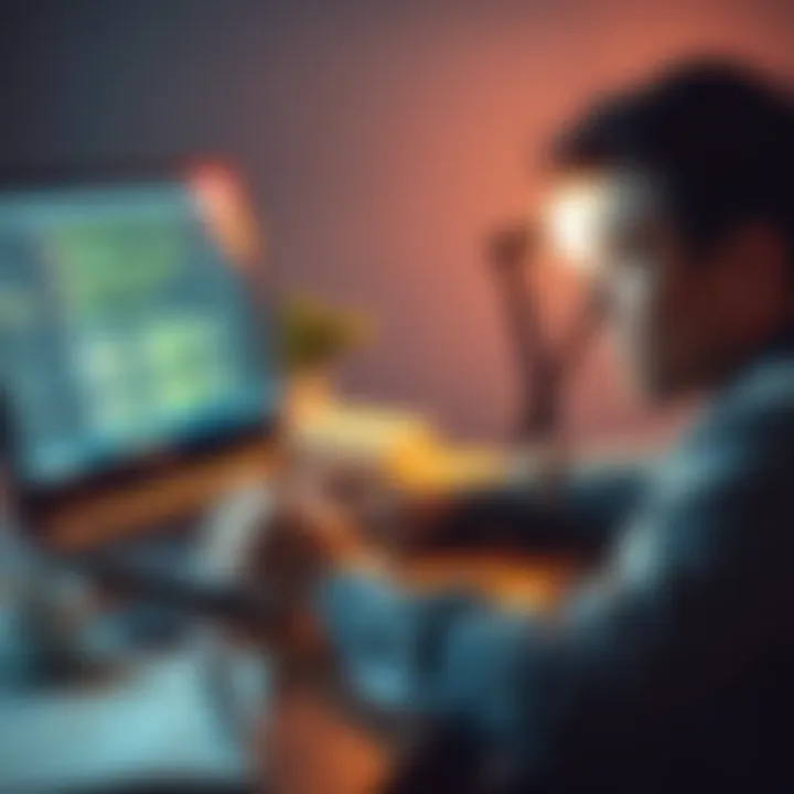 A person looking frustrated while working on a laptop with code on the screen, surrounded by notes and a coffee cup