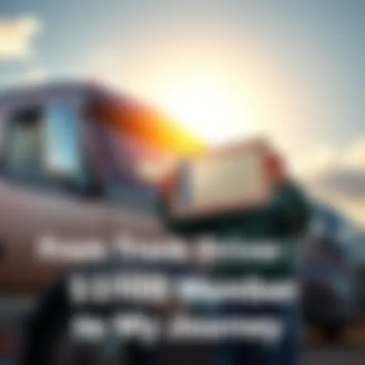 A joyful truck driver holding a certificate, representing his achievement of joining the $100 Club, standing in front of his truck with a backdrop of a sunny sky.