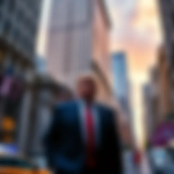 Donald Trump stands in front of 40 Wall Street, reflecting on its history as the tallest building in downtown Manhattan, with the city skyline in the background.