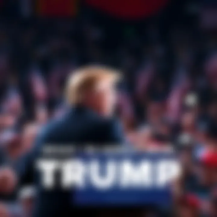 Donald Trump speaking to a large audience at a rally with American flags in the background