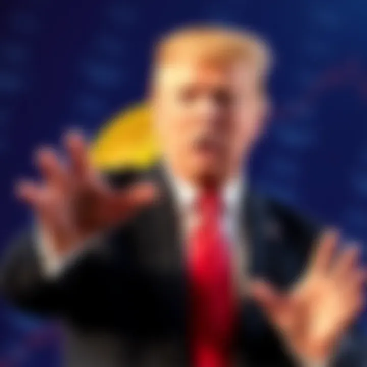 Donald Trump gestures with a Bitcoin symbol in the background, suggesting his influence on cryptocurrency.