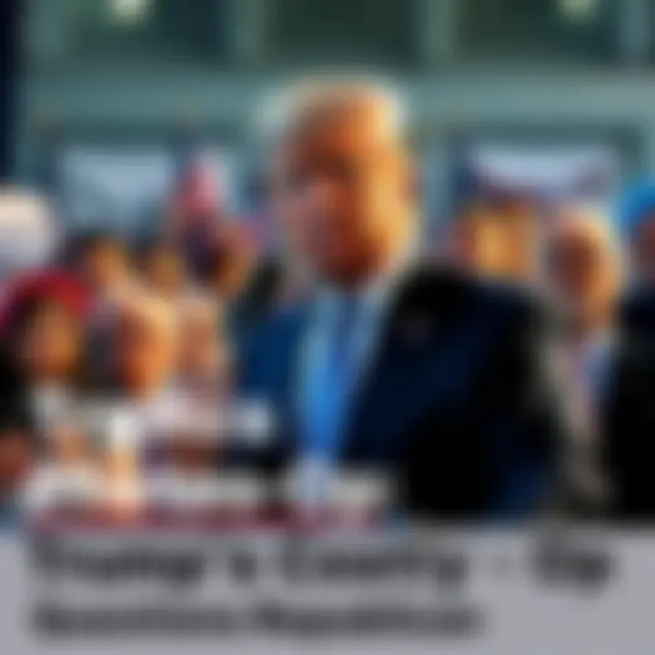 Trump's Costly Photo Op Former President Trump posing for a photo op, with a backdrop of curious onlookers and Republican symbols, reflecting the party's division