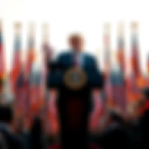President Trump standing at a podium announcing the crypto market structure bill, surrounded by American flags and supporters