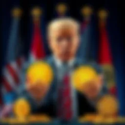 President Trump discussing cryptocurrency initiatives with a backdrop of Bitcoin symbols and U.S. flags